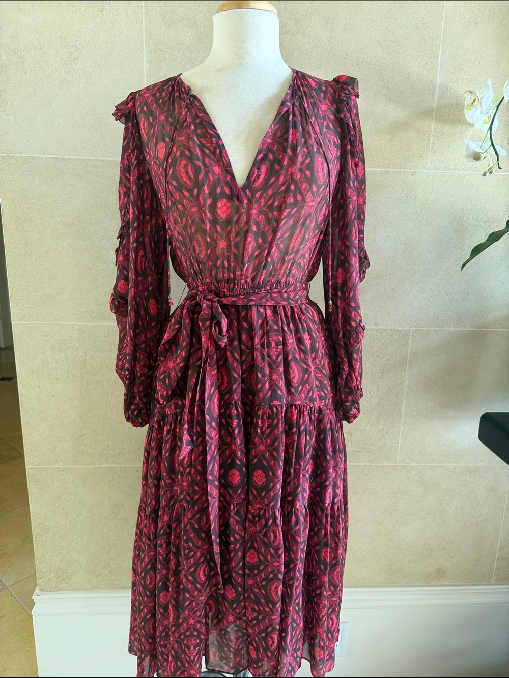 Ulla Johnson Red and Black Patterned V-Neck Midi Dress